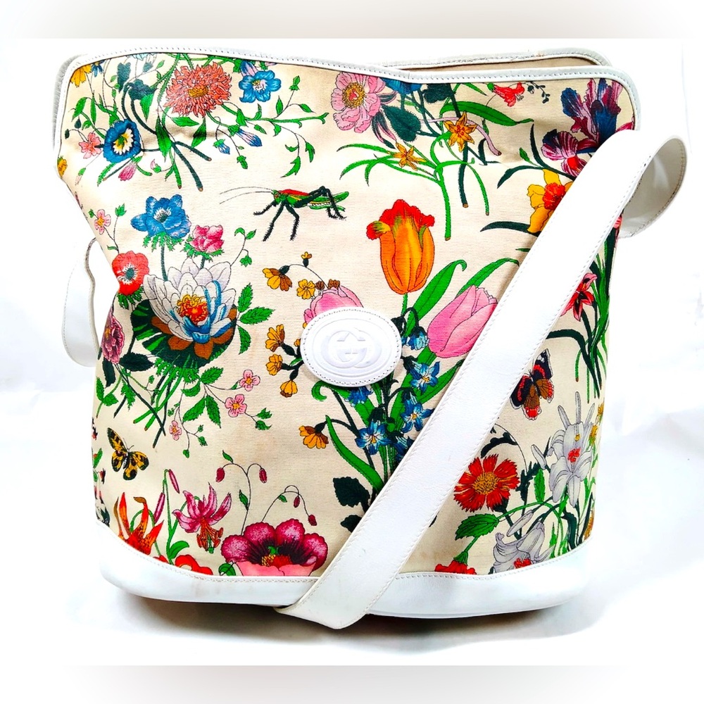 GUCCI Flora shoulder bag crossbody bag leather canvas white made in Italy